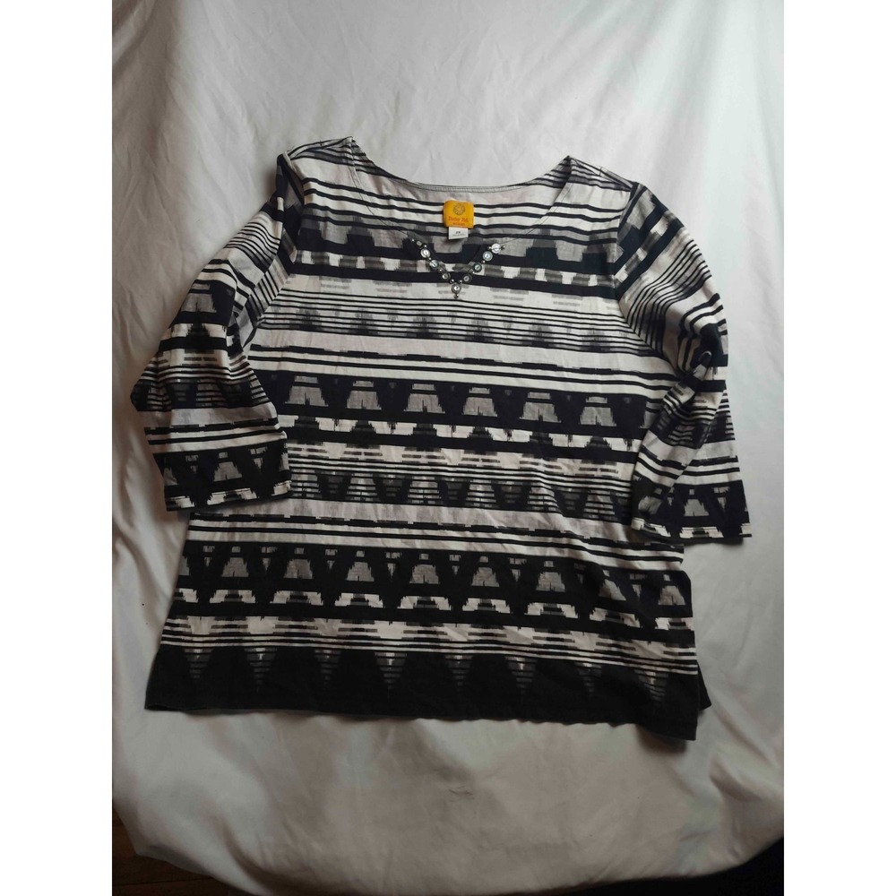 Ruby Rd Top Womens 2X Black Knit Geometric Embellished 3/4 Sleeve Casual Stretch